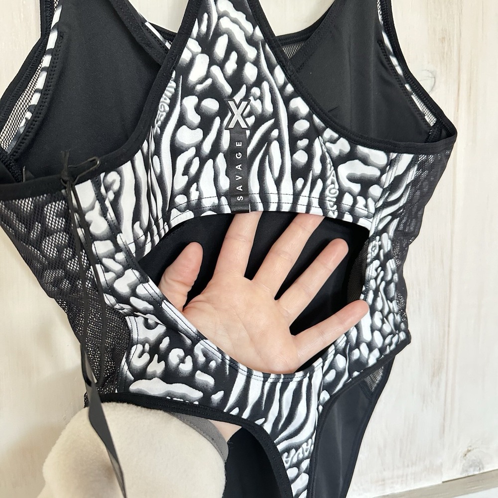 Savage X Fenty Sport Rihanna Animal Print Mesh High Leg Bodysuit Black White S - Picture 8 of 11